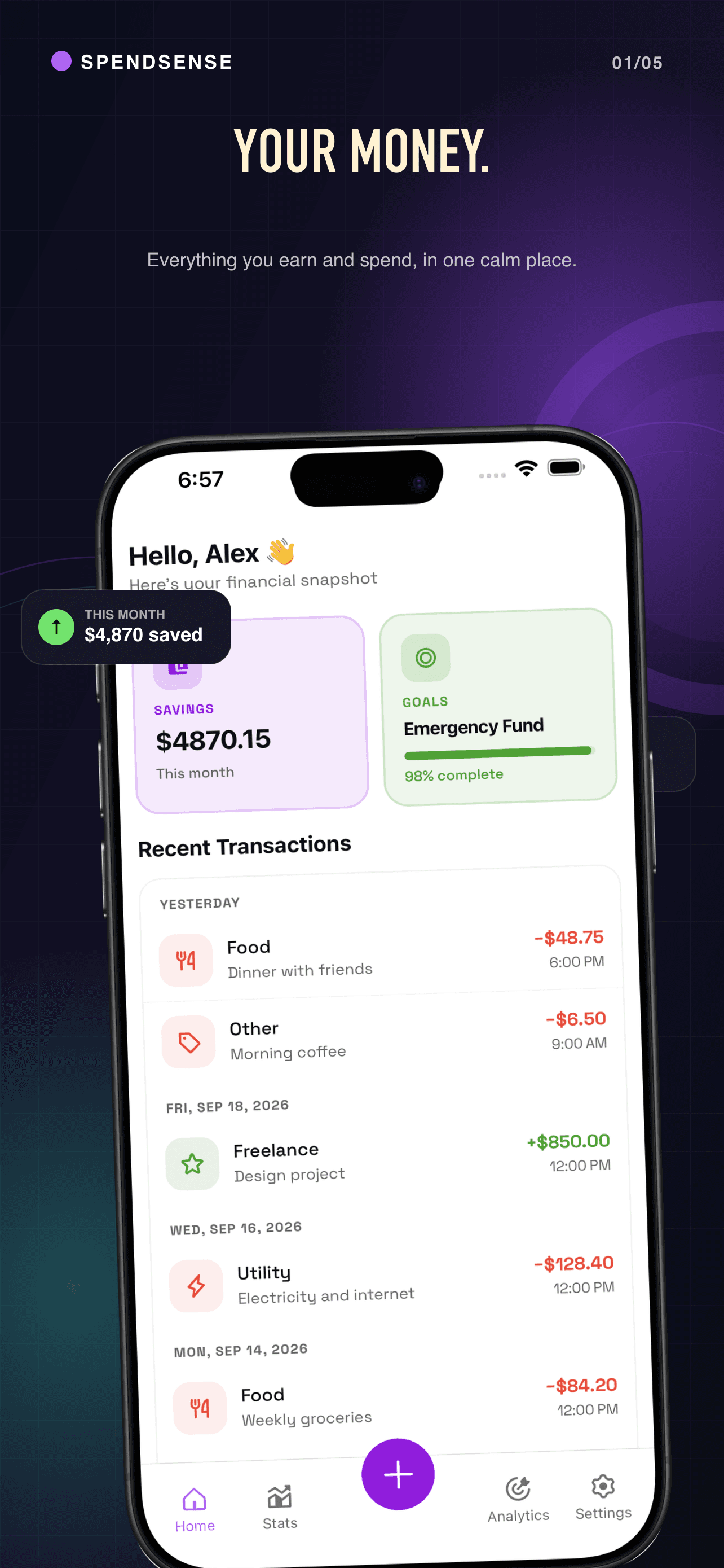 SpendSense iPhone app showing a financial overview and sample expense transactions