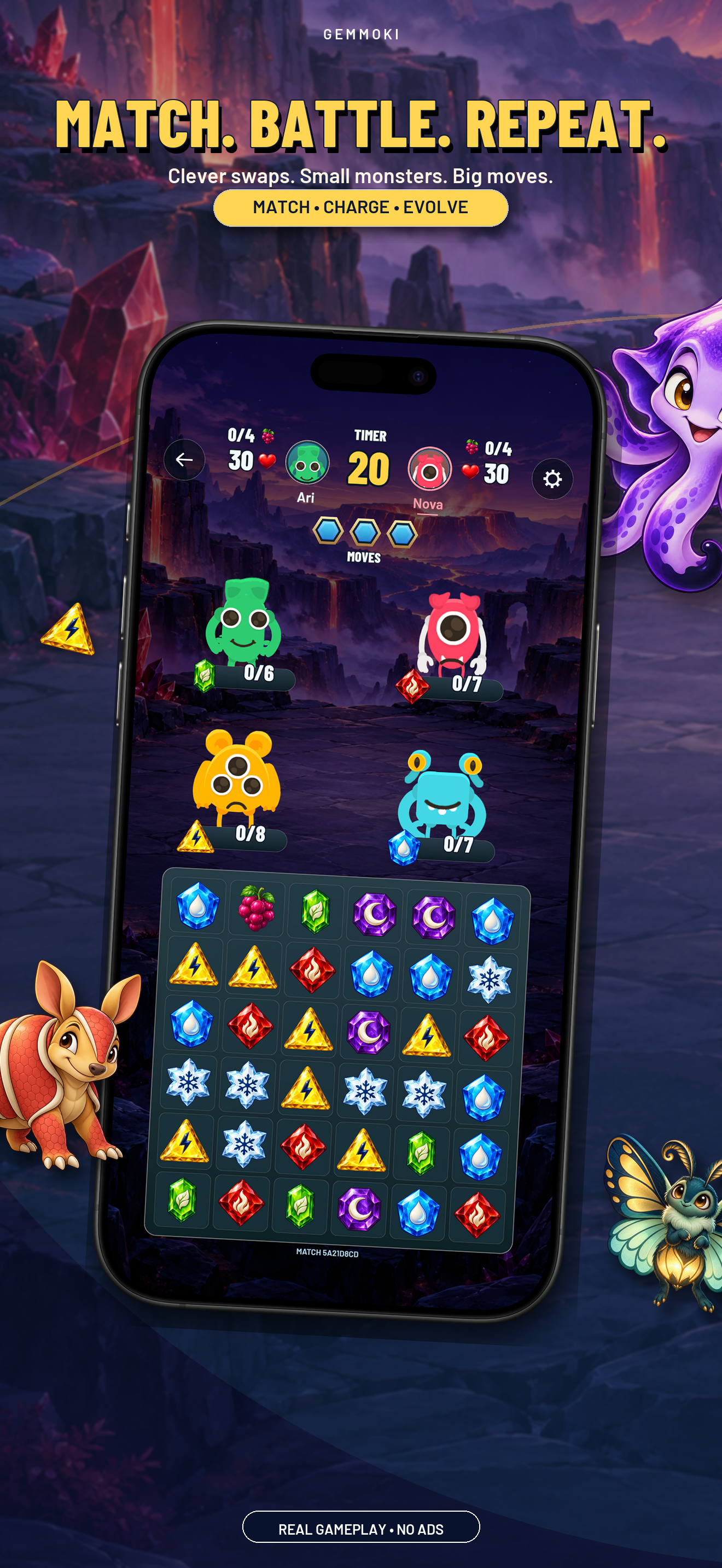 Actual Gemmoki iOS gameplay: four monsters and an elemental gem-matching board