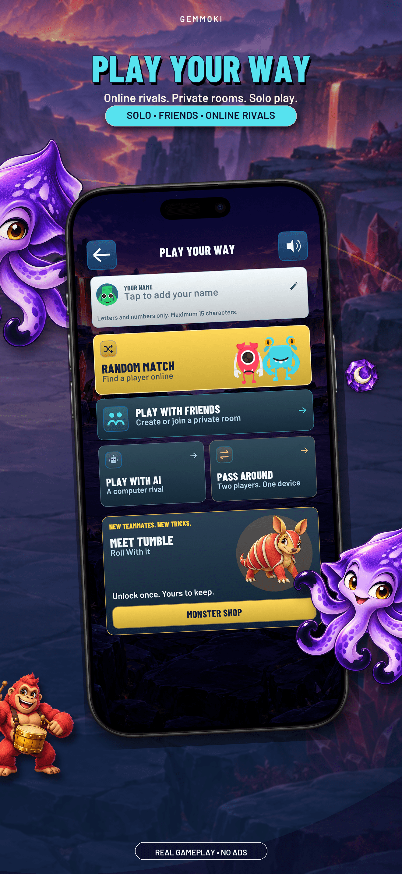 Actual Gemmoki iOS menu: private rooms, random matches, solo play and Pass Around