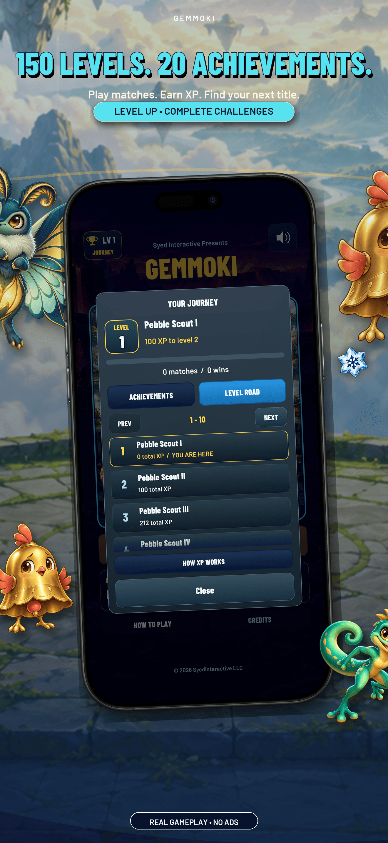 Gemmoki on iPhone: earn XP and progress along the player journey