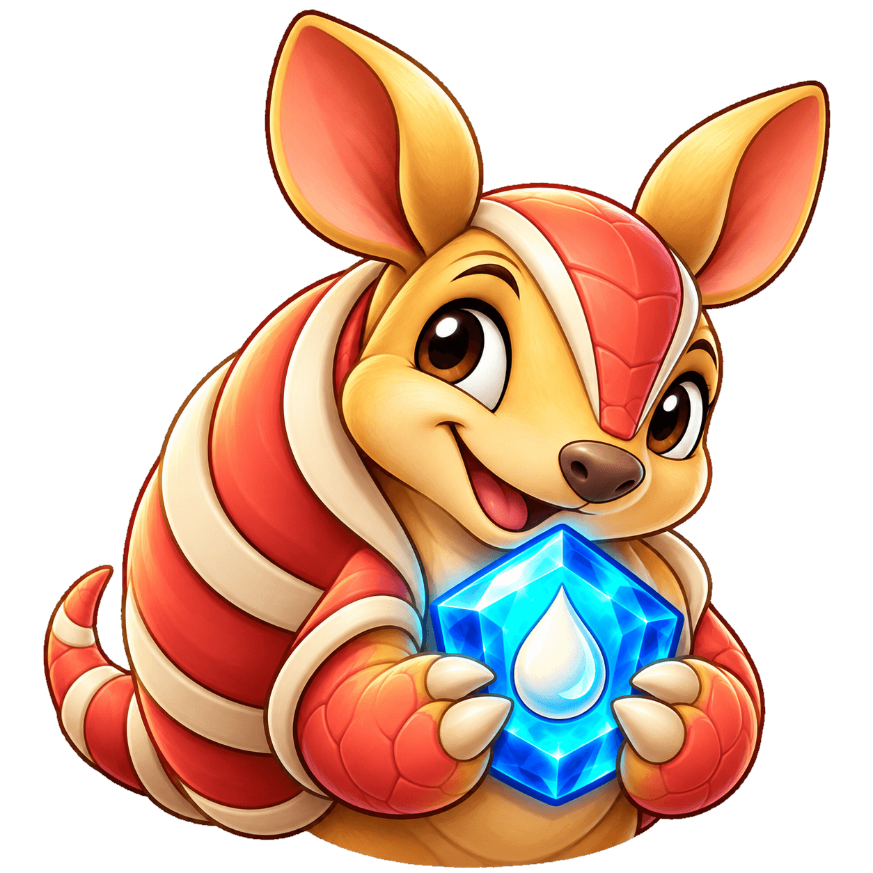 Tumble, a little armored monster clutching a bright blue gem